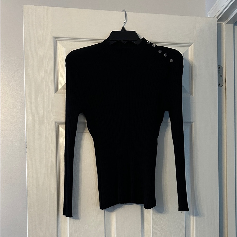 Chic Black Ribbed Women's Mock Turtleneck with Button Accents